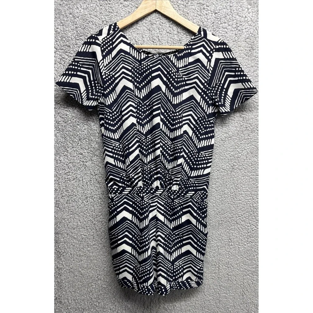 J Crew Navy & White Silky Chevron Romper Elastic Waist Womens Sz 0
